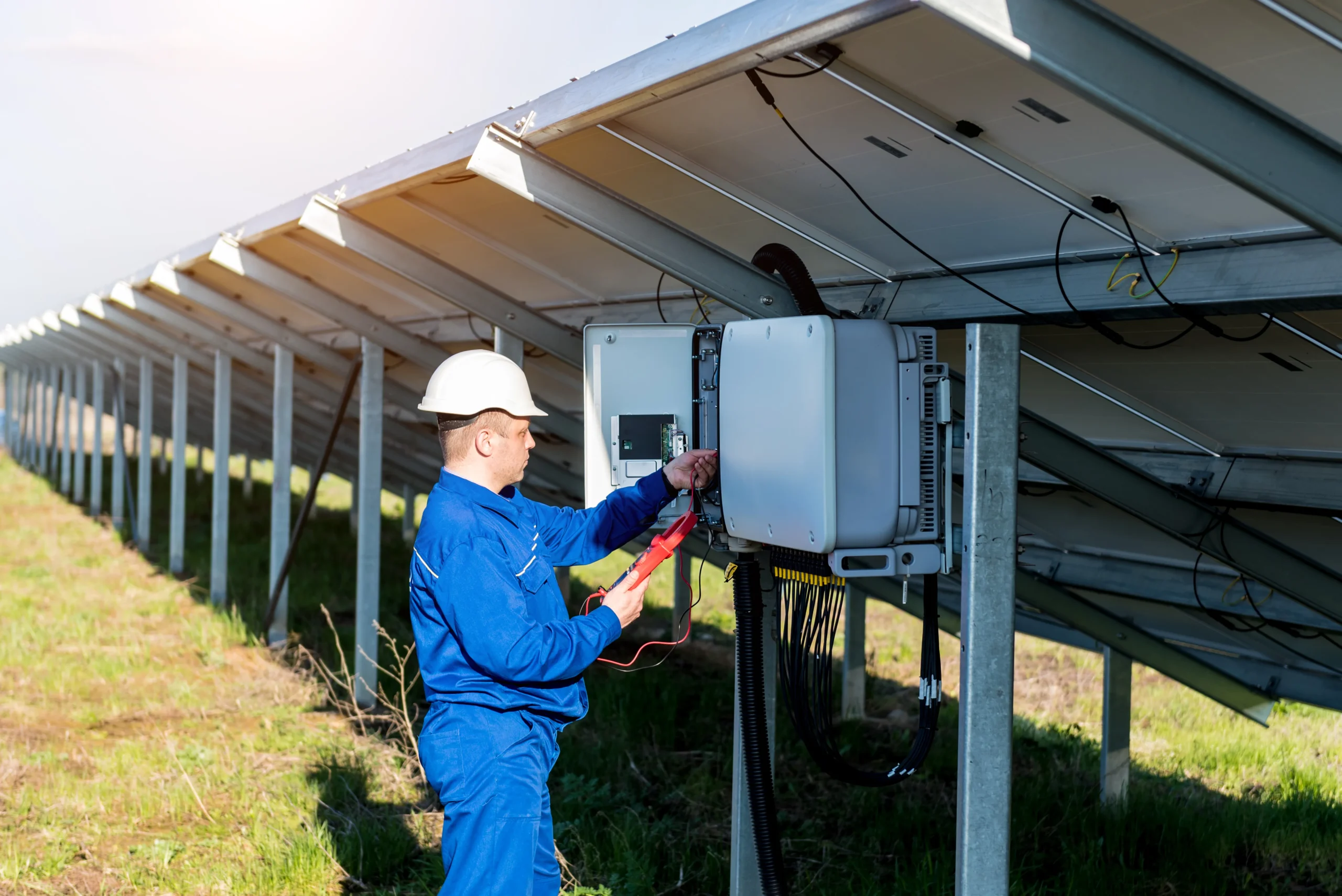 Technician checking solar inverter output voltage