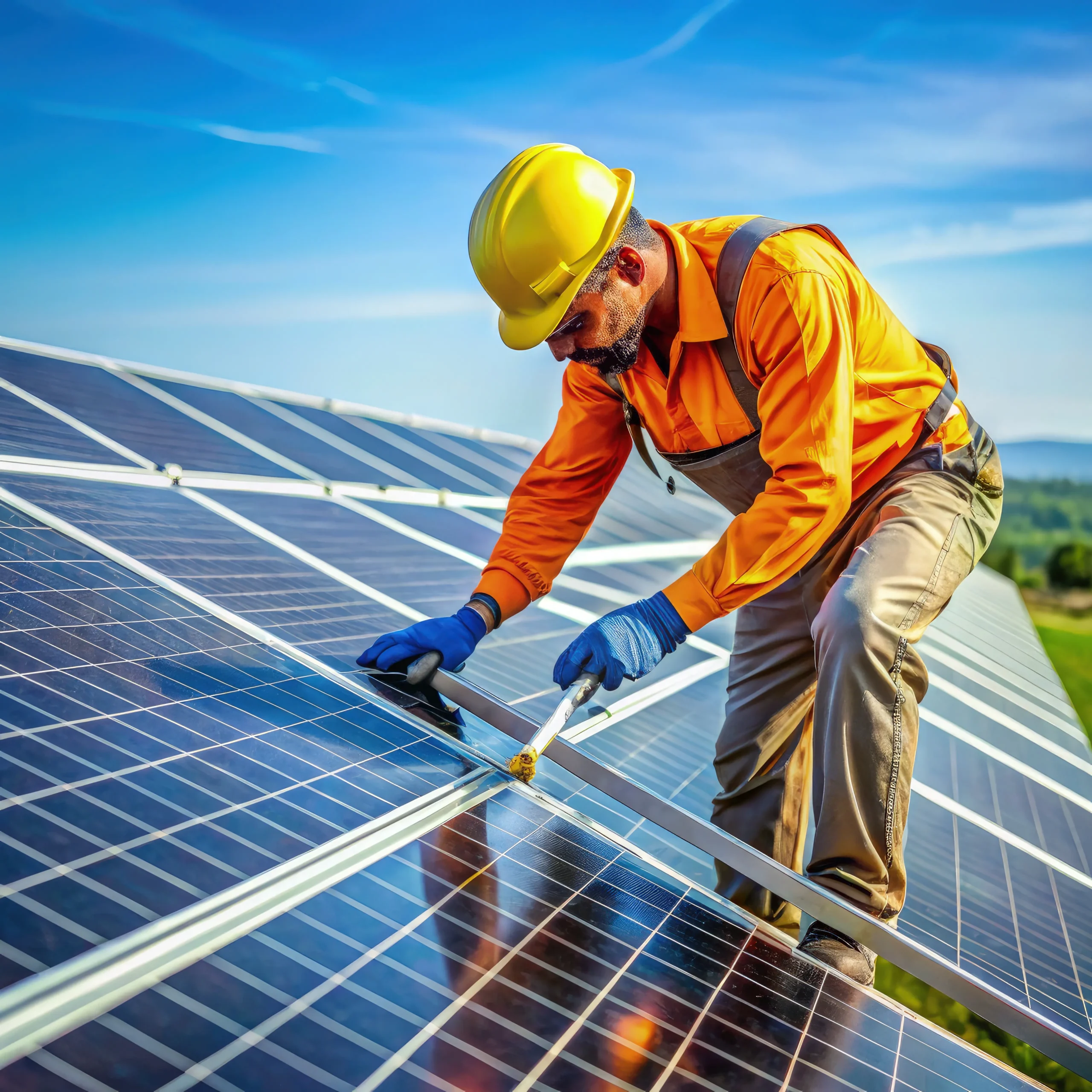Worker carrying out maintenance on a solar panel system